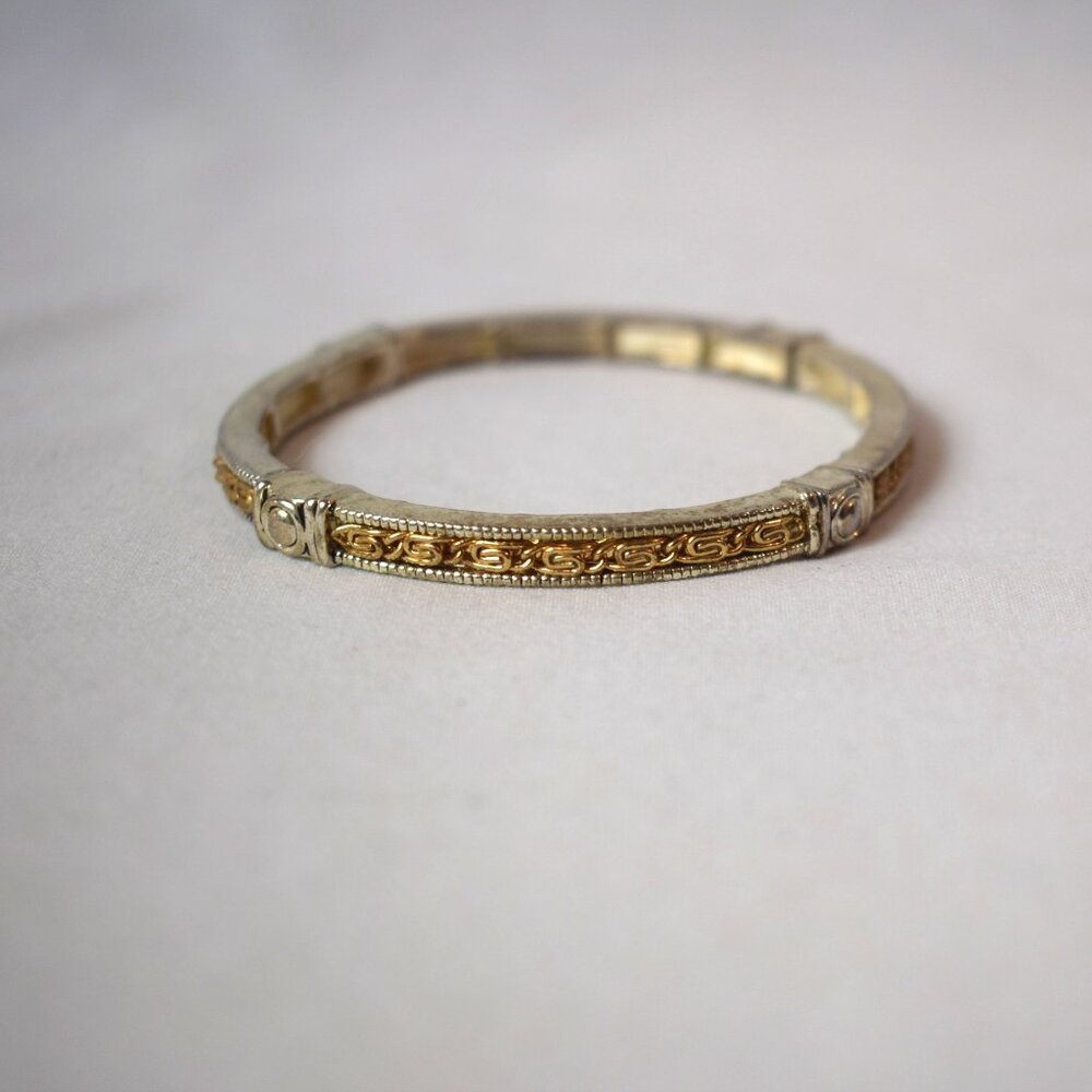 SilverTone Ornate Design GoldTone Wire Stretch Bangle Bracelet